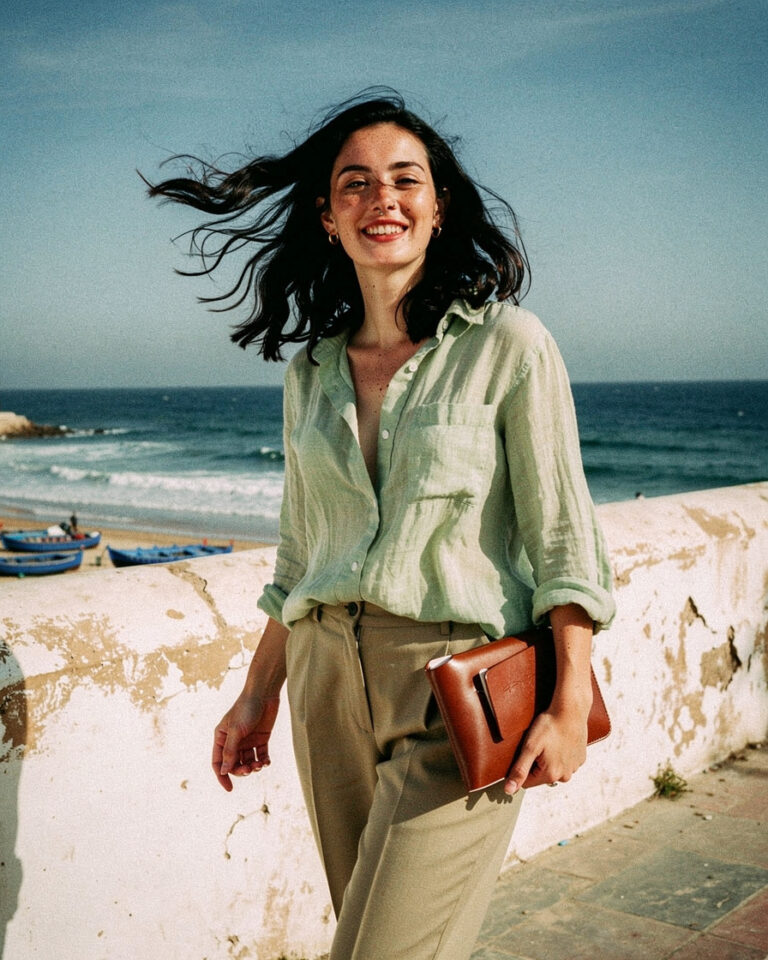Woman walking along the white stone ramparts of Essaouira with wind lifting her hair, blue fishing boats in the port below, soft early morning light.
