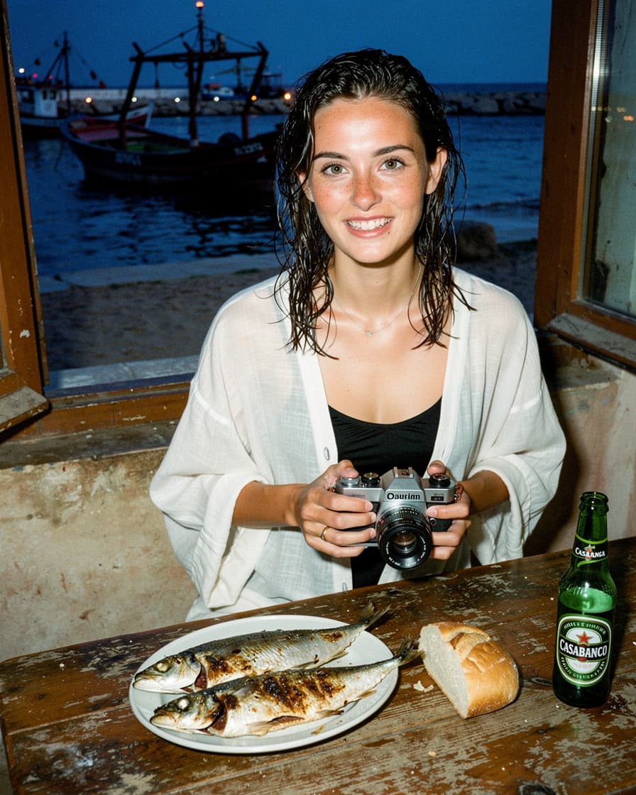 Plate of grilled sardines with torn bread and a cold beer on a small table by an open window overlooking Essaouira fishing port at dusk, warm low light.