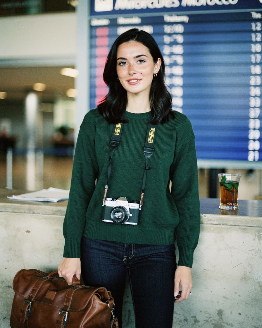 Glass of mint tea on a small airport table with a leather duffel bag on the floor, Casablanca departures board glowing softly in the background, flat morning light.