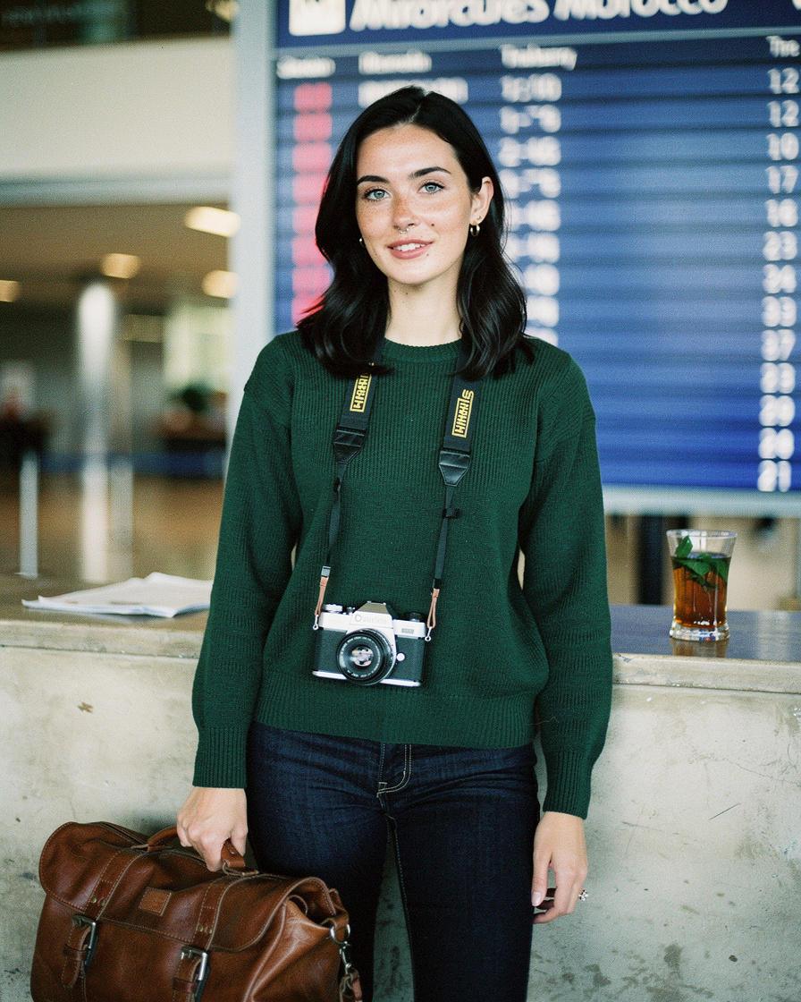 Glass of mint tea on a small airport table with a leather duffel bag on the floor, Casablanca departures board glowing softly in the background, flat morning light.