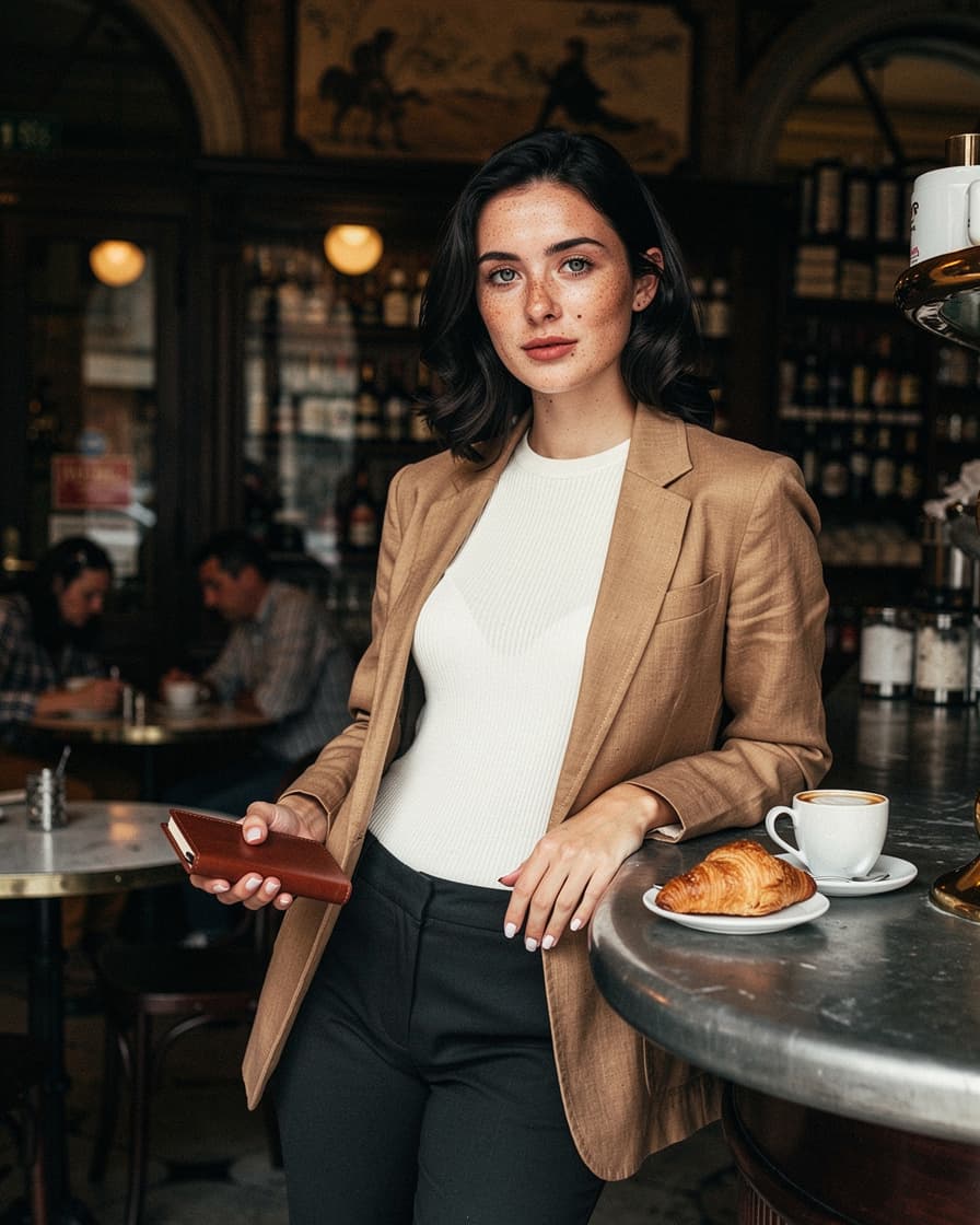 Woman standing at a worn zinc bar in a historic Milan café, small espresso cup and cornetto on a white saucer, warm overhead light mixing with street glow.