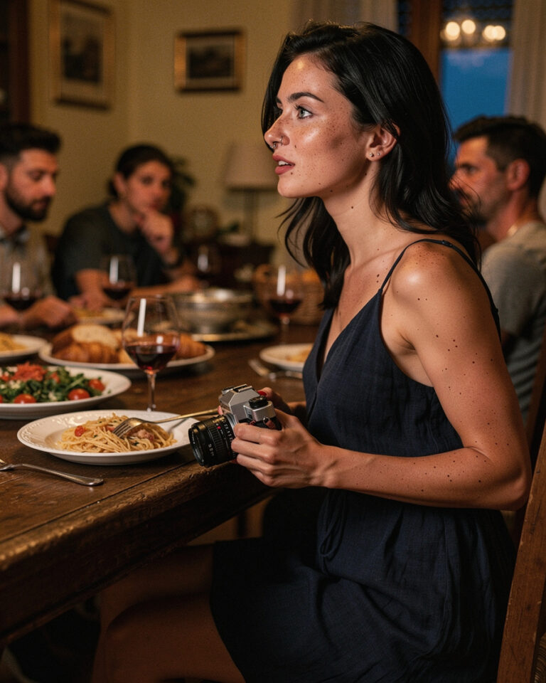 Warm crowded family dinner table in a Milan apartment, hands reaching for bread and wine glasses, golden overhead light, film grain.