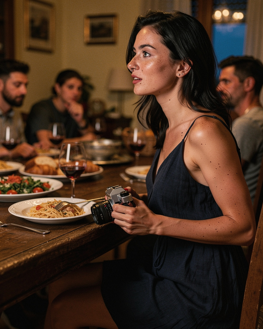 Warm crowded family dinner table in a Milan apartment, hands reaching for bread and wine glasses, golden overhead light, film grain.