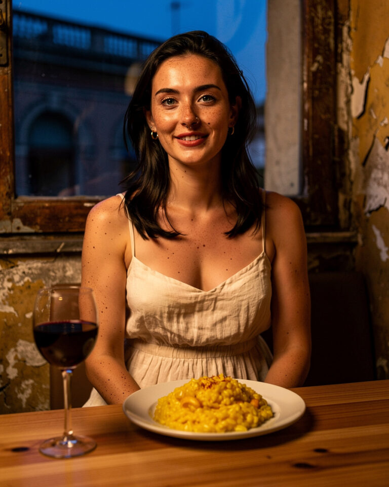Plate of saffron-gold risotto alla milanese on a worn wooden table in a small dimly lit Milan trattoria, warm amber overhead light, glass of red wine beside it.