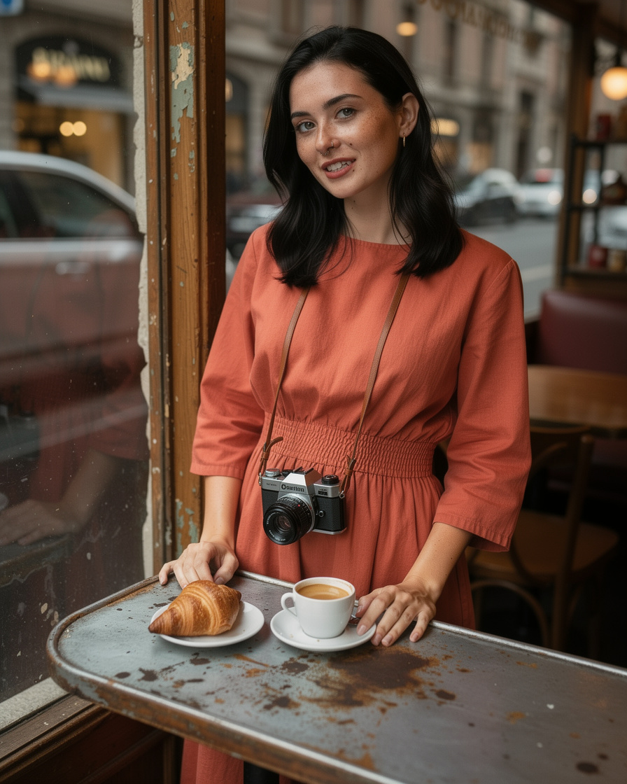 Woman standing at a worn zinc bar in a historic Milan café, espresso cup and cornetto on a white saucer, warm indoor morning light.