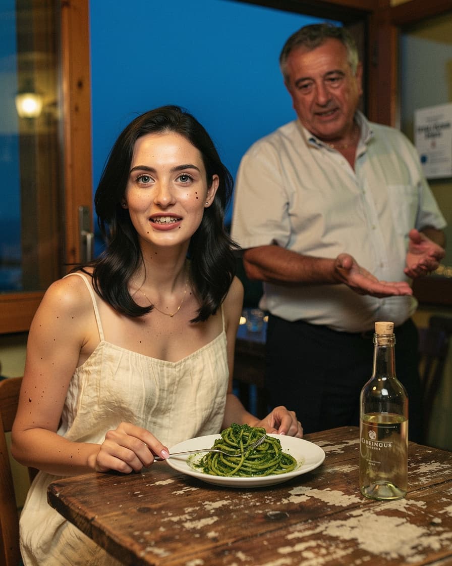 riomaggiore cinque terre trattoria: Small trattoria table in Riomaggiore with fresh pasta, pesto, and a carafe of white wine,