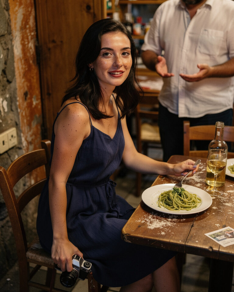 riomaggiore cinque terre dinner: Small trattoria table in Riomaggiore with a plate of fresh trofie al pesto and a carafe of w