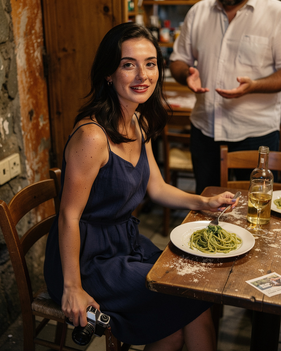 riomaggiore cinque terre dinner: Small trattoria table in Riomaggiore with a plate of fresh trofie al pesto and a carafe of w