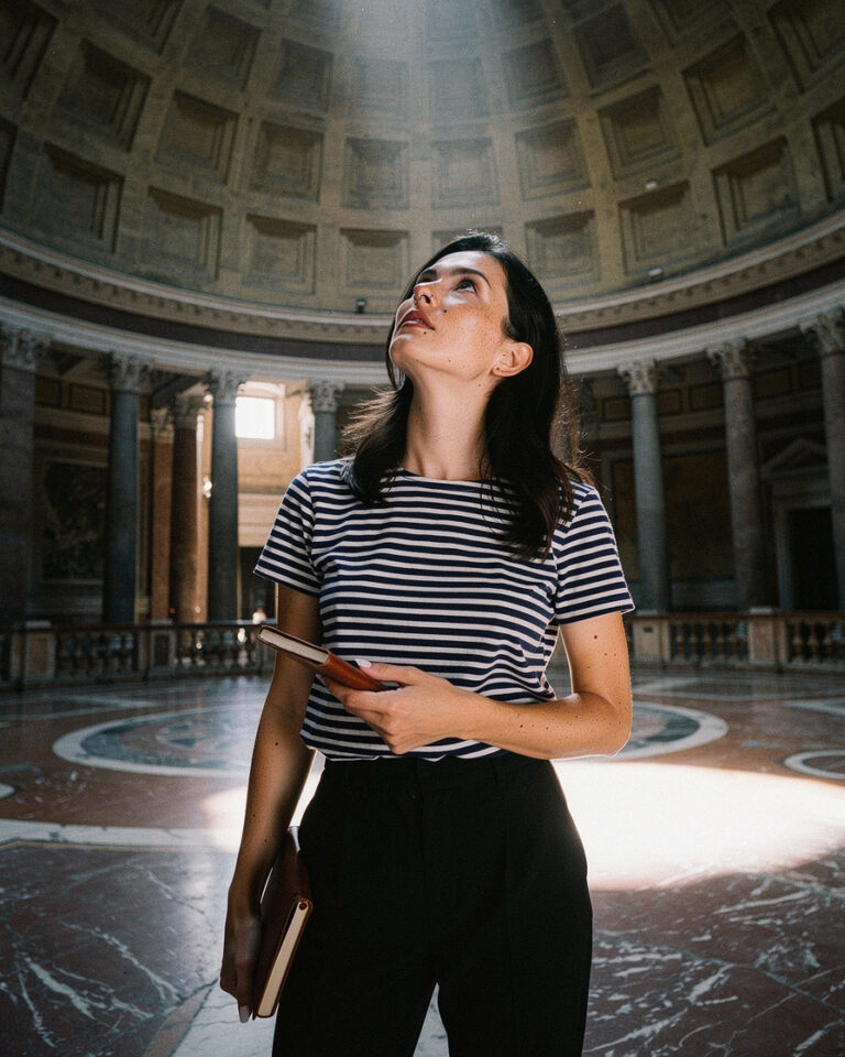 pantheon rome morning light: Woman standing alone on the marble floor of the Pantheon in Rome, looking up at warm ochre light