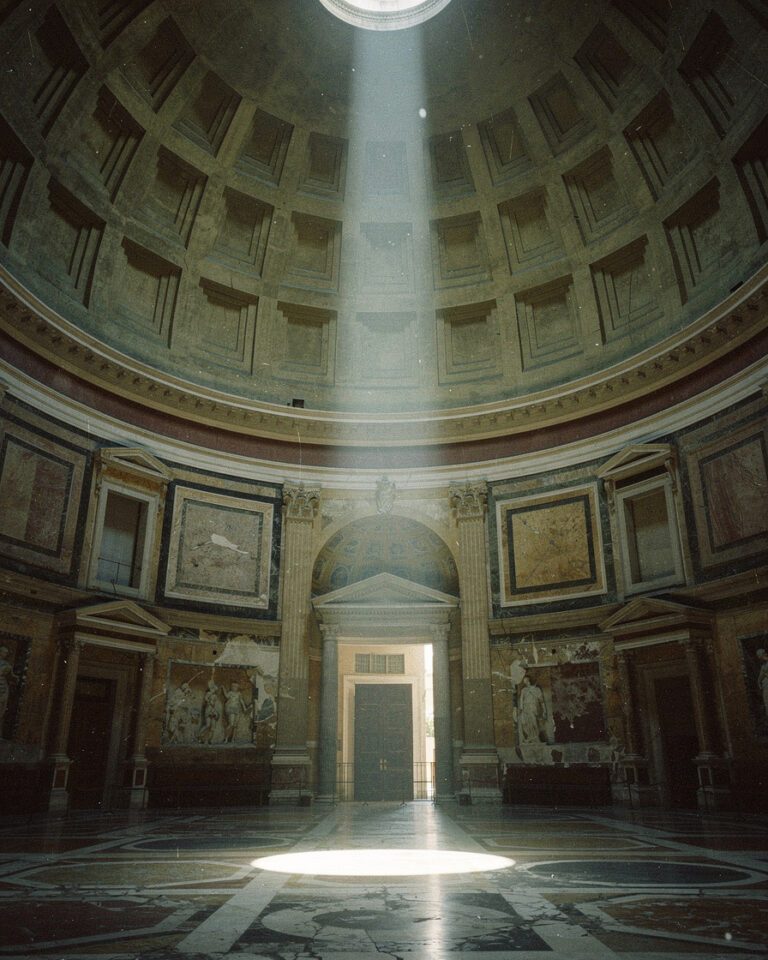 pantheon rome morning light: Interior of the Pantheon in Rome at opening hour, a single beam of ochre light from the oculus s