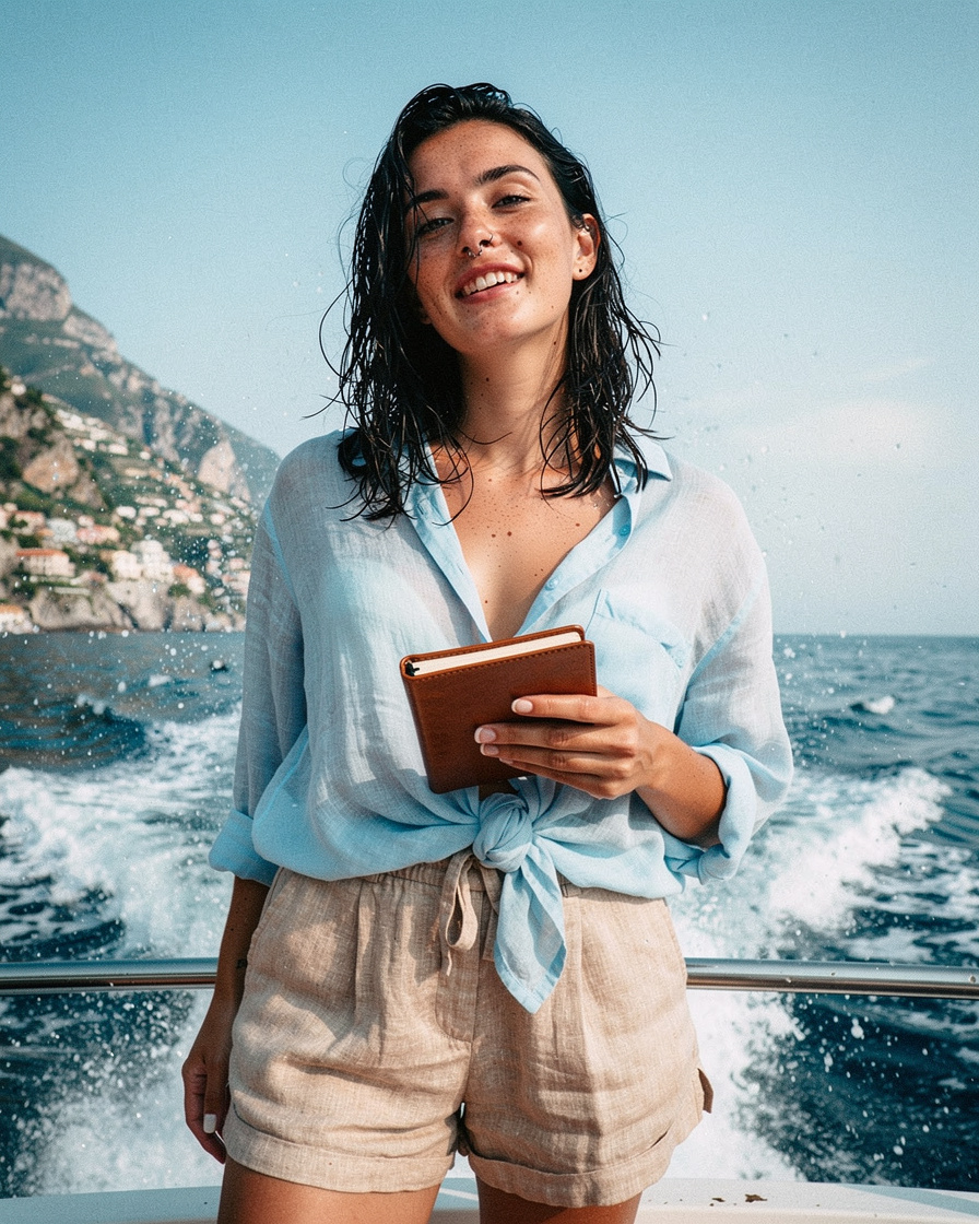 positano amalfi boat morning: Woman with wet dark hair on a small boat taxi, Amalfi Coast cliffs rising behind her in soft ea