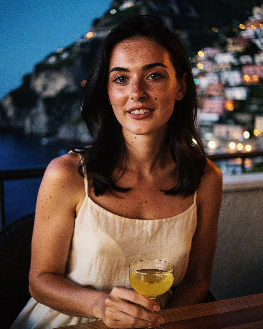 amalfi coast night limoncello: Small glass of bright yellow limoncello on a stone terrace railing at night, distant Amalfi Co
