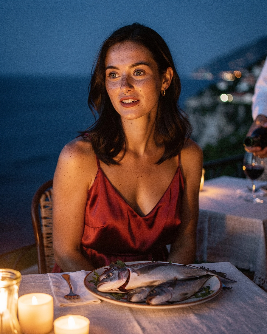 ravello amalfi coast dinner: Candlelit table with fresh red mullet on a white linen tablecloth at a clifftop restaurant in Ra