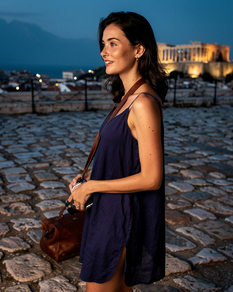 athens plaka night acropolis: The Acropolis illuminated at night seen from a narrow cobblestone street in Plaka, Athens, with