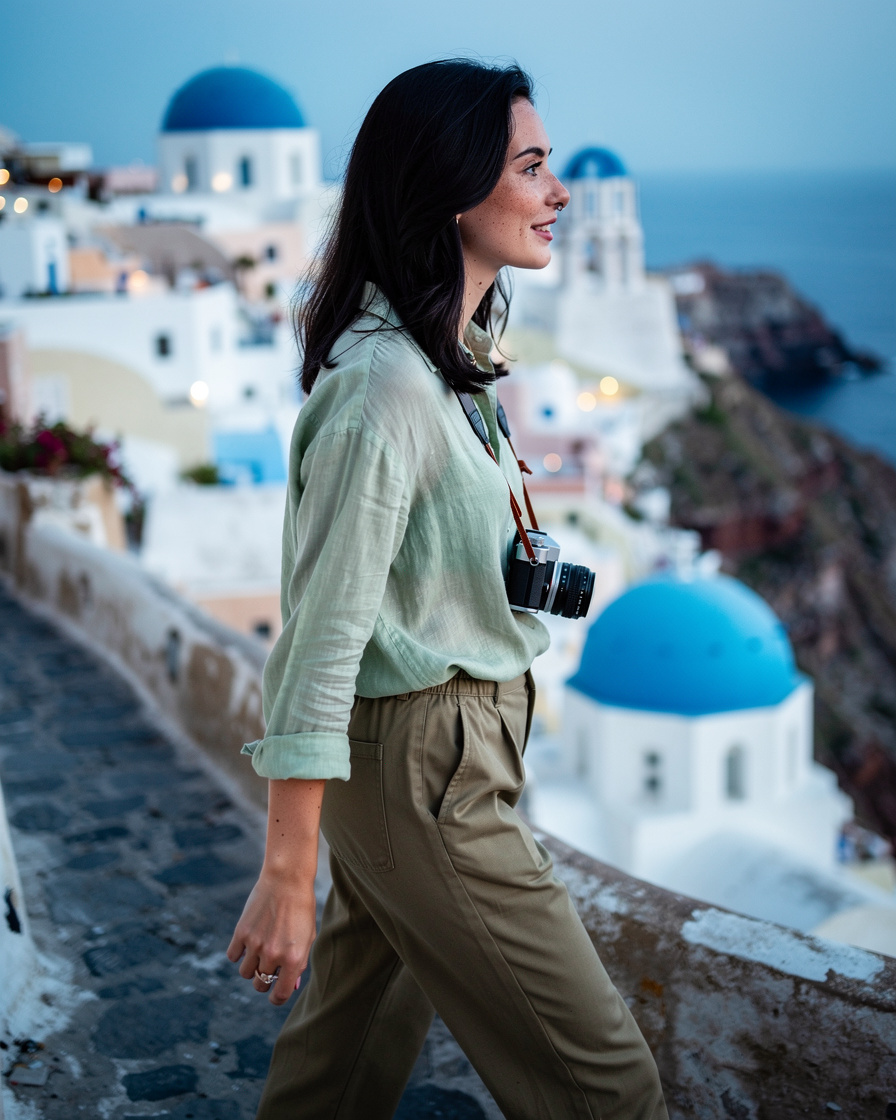 oia santorini morning walk: White-walled Oia village cliff path at early morning with blue-domed churches and calm Aegean Sea