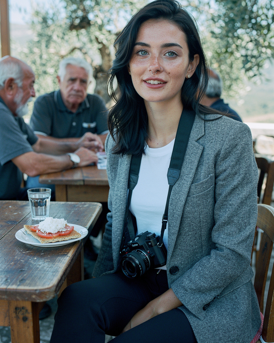 crete mountain village breakfast: Rustic table at a Cretan mountain kafeneion with dakos rusk, tomato, and myzithra cheese, o
