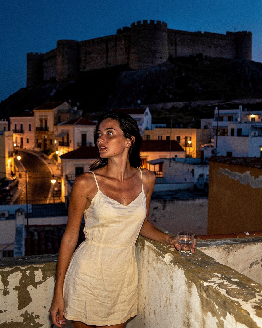 rethymno crete sunset rooftop: Silhouette of the Fortezza fortress in Rethymno, Crete against a fading golden sky, old town l