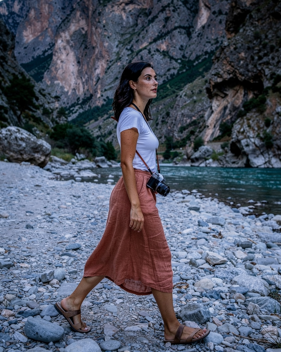 samaria gorge dawn hike: Narrow towering rock walls of Samaria Gorge in Crete at early morning, pebble riverbed below, cool b