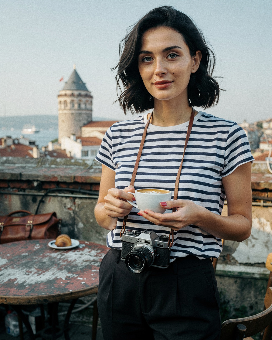 istanbul rooftop film photography: View of Galata Tower and Bosphorus from a Beyoglu rooftop cafe table with espresso cup, wa