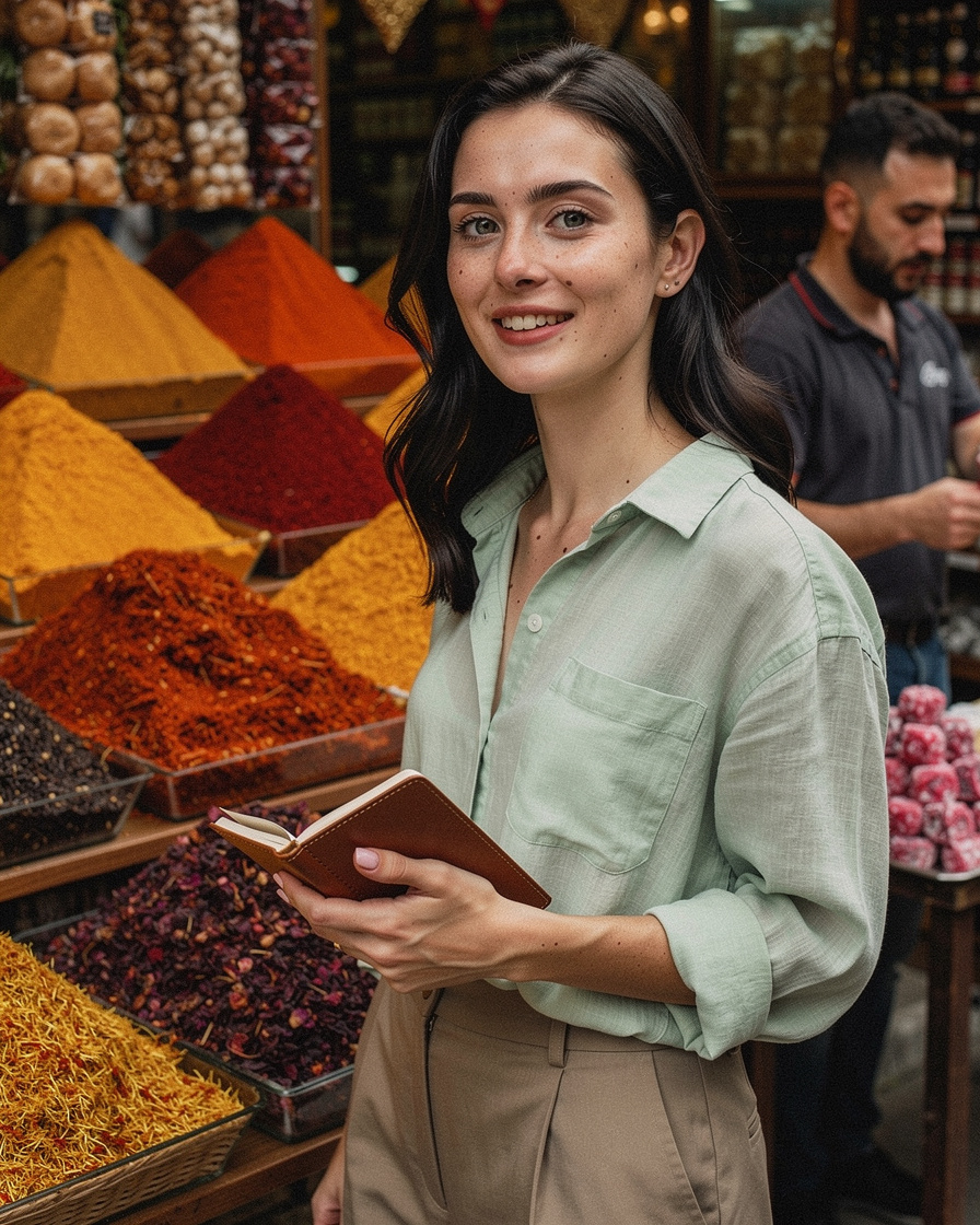 egyptian bazaar istanbul morning: Pyramids of colorful ground spices, saffron and sumac, displayed on a vendor's table inside