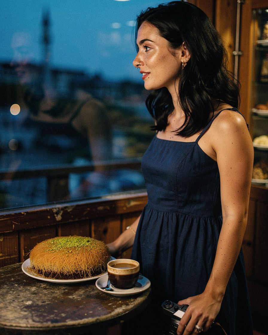 sultanahmet künefe istanbul: Close-up of a plate of künefe topped with crushed pistachios beside a small cup of Turkish coffe