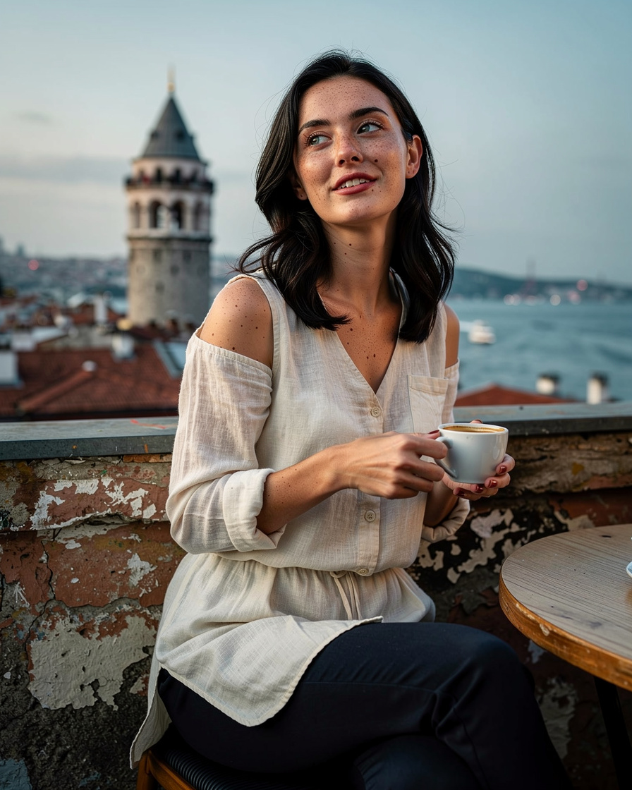 galata tower istanbul view: Rooftop café table in Beyoglu, Istanbul, espresso cup in frame, Galata Tower and Bosphorus visibl