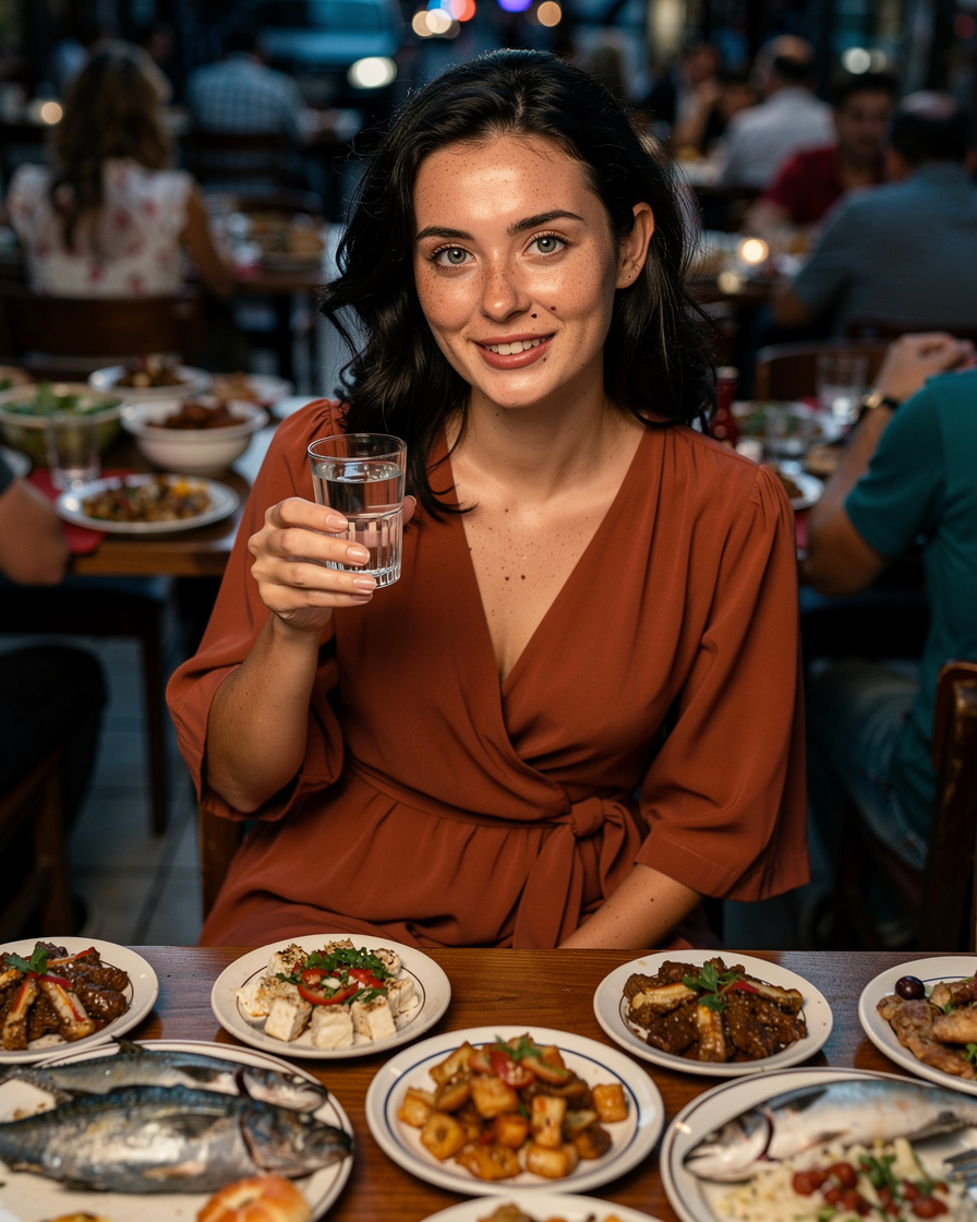 meyhane dinner istanbul: Long table crowded with meze plates and raki glasses in a Beyoglu meyhane, warm evening light, live 