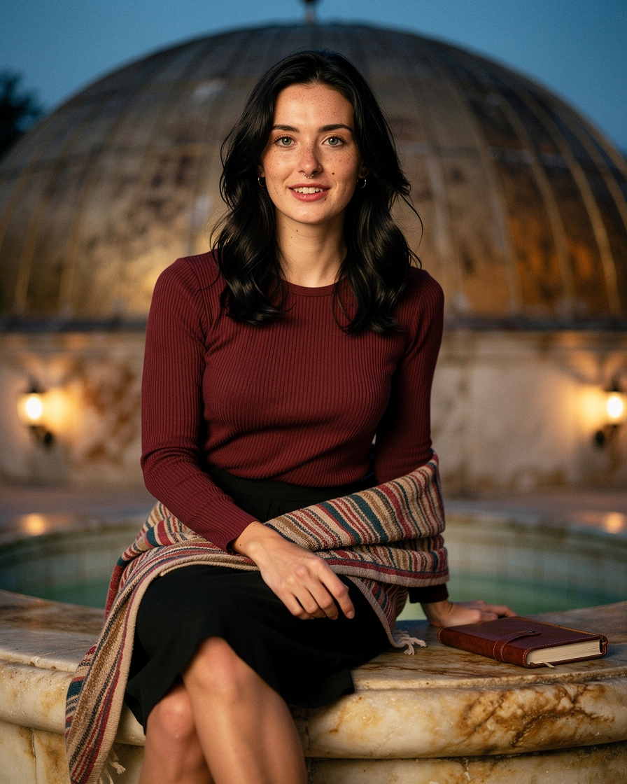 istanbul hamam evening: Woman wrapped in a peshtemal towel resting on heated marble stone inside a dim, domed Istanbul hamam,
