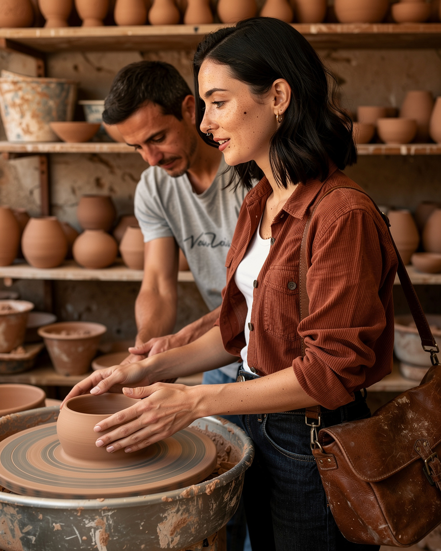 avanos pottery workshop cappadocia: Woman in apron shaping clay on a pottery wheel in a terracotta studio in Avanos, Cappadoc