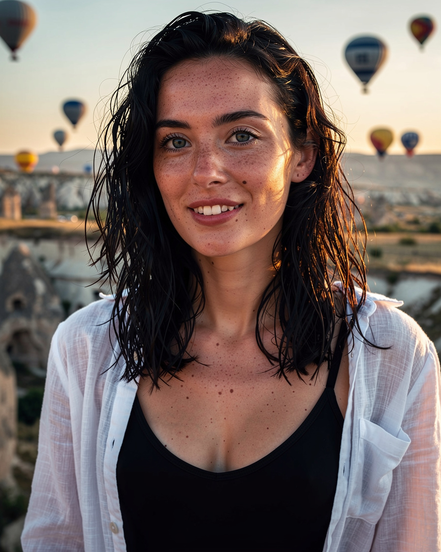 cappadocia hot air balloons: Dozens of hot air balloons rising over Göreme valley, Cappadocia, in coral-pink dawn light, view