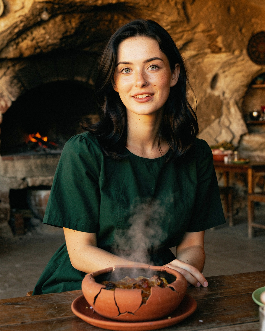 testi kebab cappadocia: Sealed clay testi pot broken open at the neck with a small hammer, steam rising, cave restaurant in C