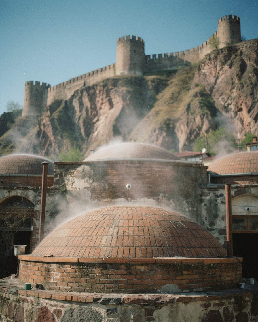 tbilisi sulfur baths morning: Brick domed rooftops of Tbilisi's sulfur bathhouses steaming in cool morning air, Narikala fort