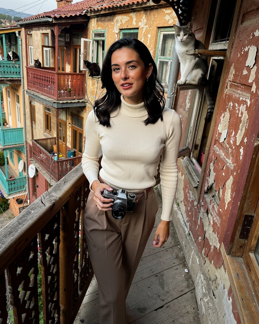 old tbilisi morning walk: Narrow lane in old Tbilisi with overhanging carved wooden balconies, morning light, a cat sitting o