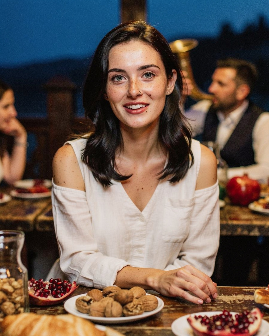 tbilisi supra dinner: Long table at a traditional Tbilisi restaurant with bread, walnuts and pomegranate, warm low light, a t