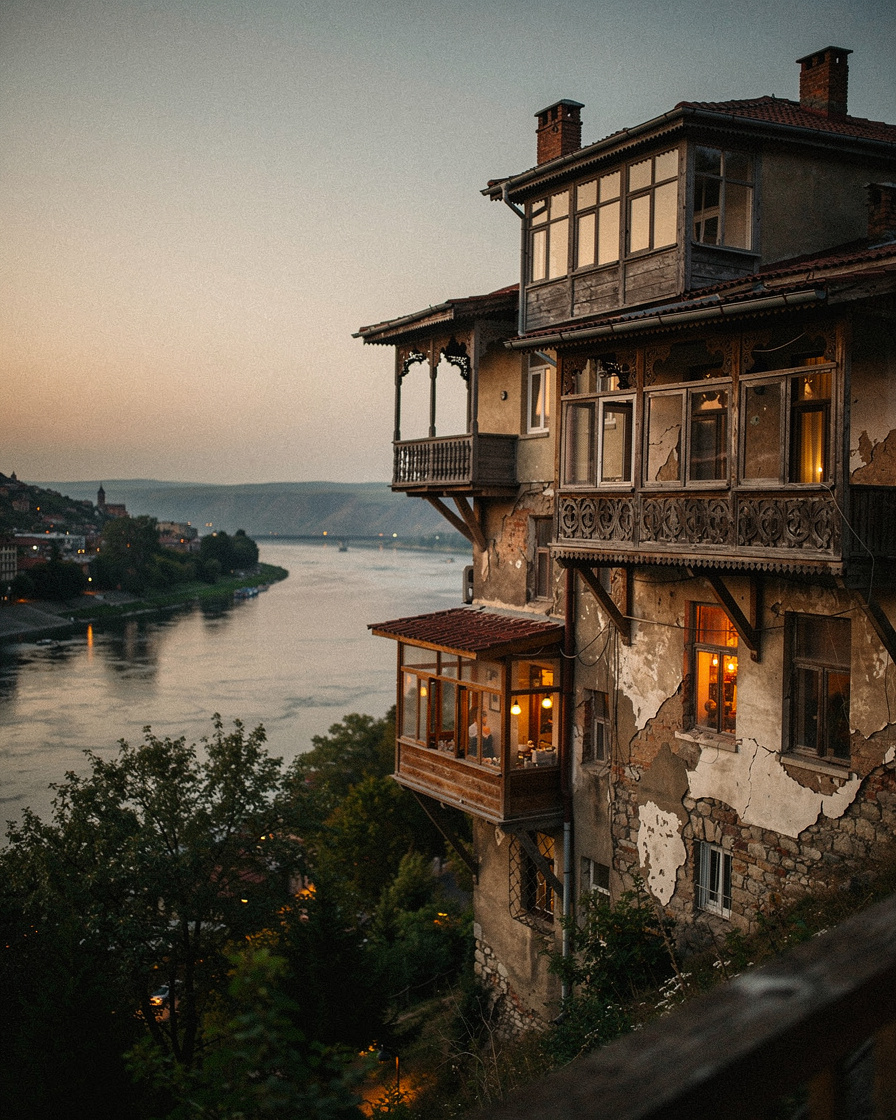old tbilisi at dusk: Carved wooden balconies on crumbling hillside houses in old Tbilisi at dusk, warm lamplight in windows,