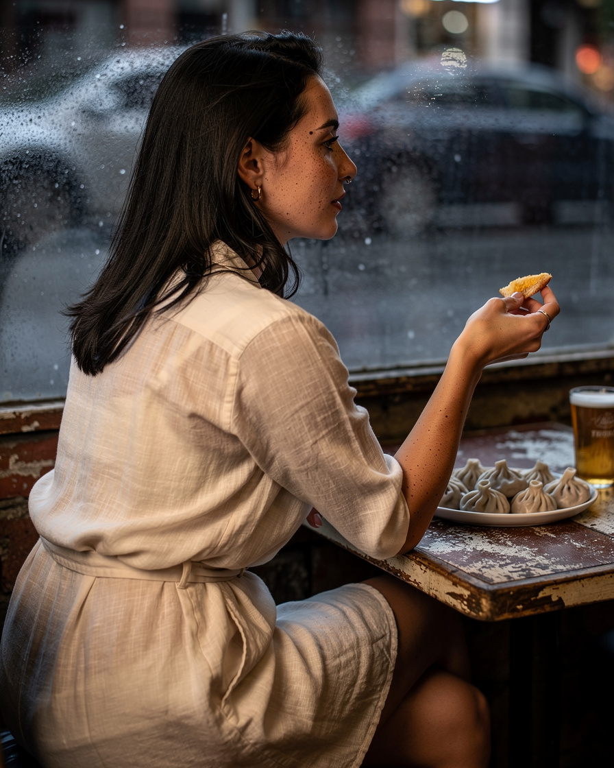 khinkali tbilisi georgia: Woman eating khinkali dumplings by hand at a small Tbilisi restaurant table, steamed window, dim wa