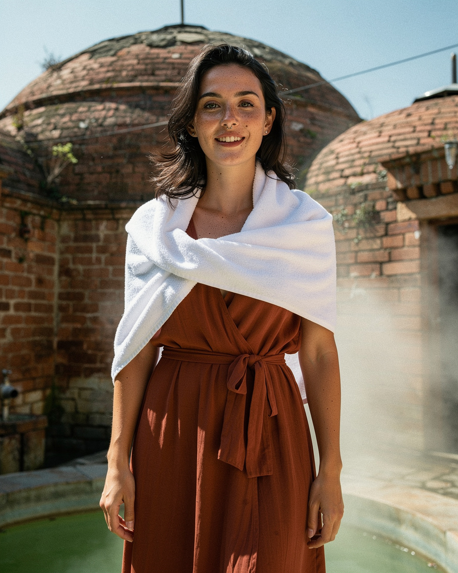 tbilisi sulfur baths morning: Woman wrapped in a white sheet outside a domed sulfur bathhouse in Tbilisi, steam rising in coo