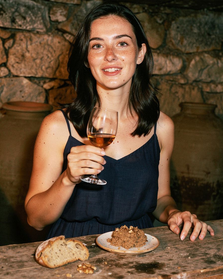 qvevri wine cellar tbilisi: Low-ceilinged Tbilisi wine cellar, amber wine in clay cup, wooden board with bread and walnut pas