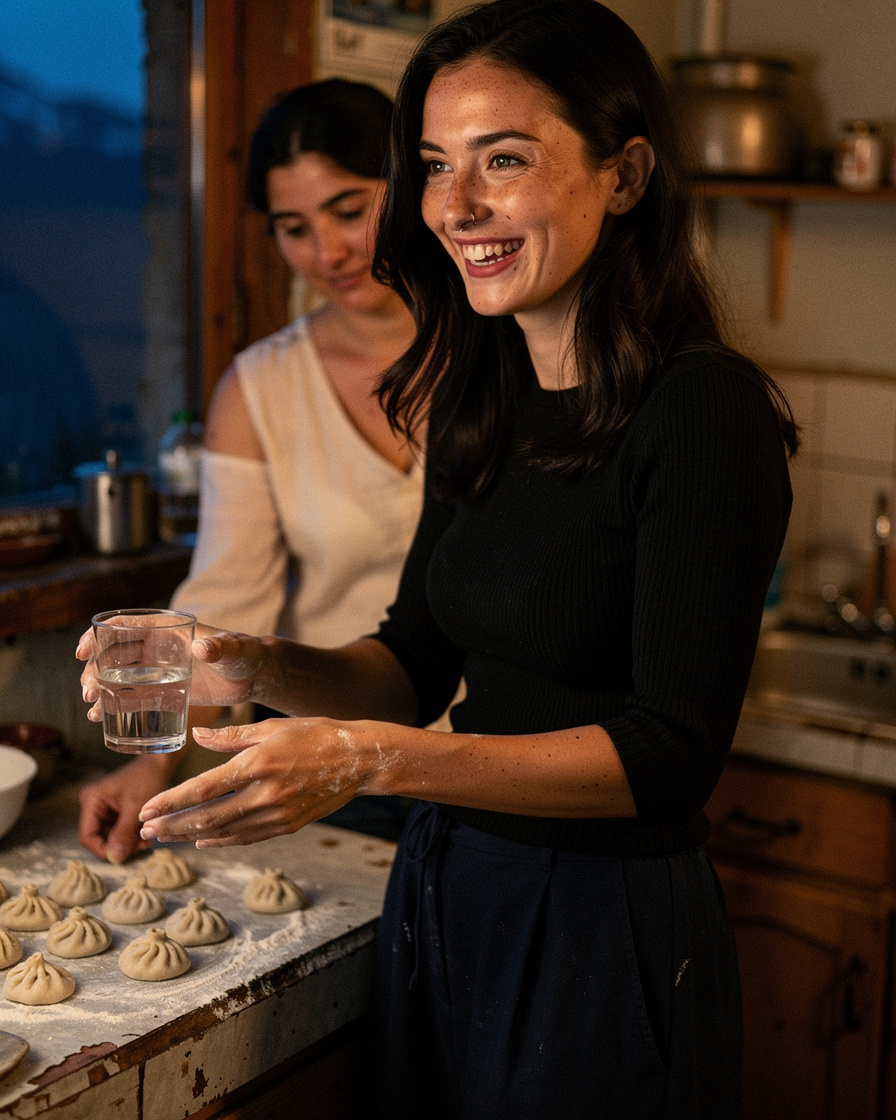 kazbegi guesthouse khinkali: Woman with floured hands folding khinkali dumplings beside an older host woman in a warm-lit Kaz
