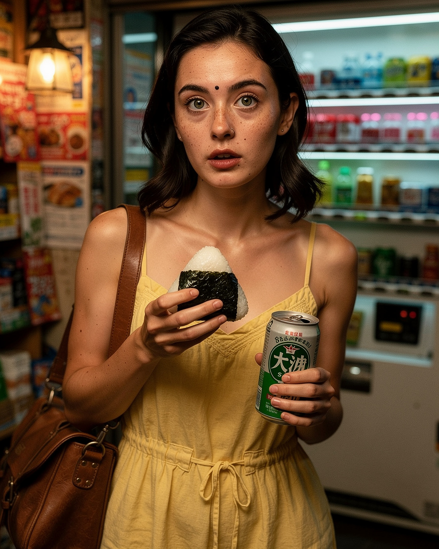tokyo convenience store night: Woman holding onigiri and canned green tea inside a bright Tokyo convenience store, neon stree
