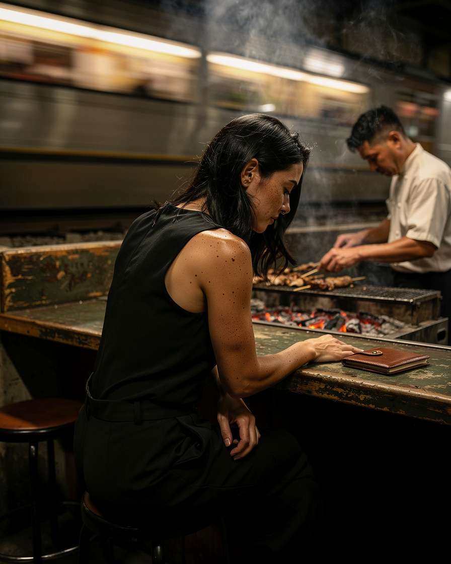 yurakucho yakitori tokyo: Tiny six-seat yakitori counter under Yurakucho train tracks, cook grilling over charcoal, warm smok