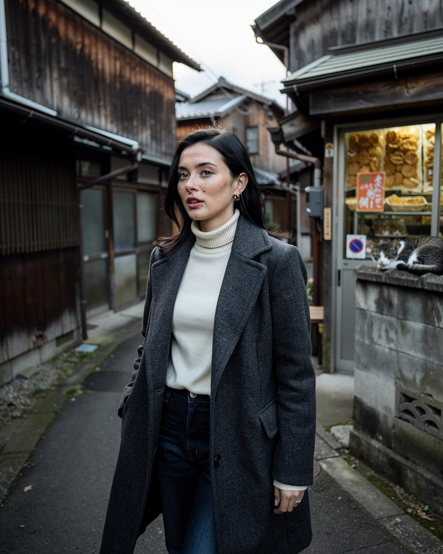yanaka tokyo morning: Narrow wooden backstreet in Yanaka, Tokyo, soft early morning light, a cat asleep on a low stone wall.
