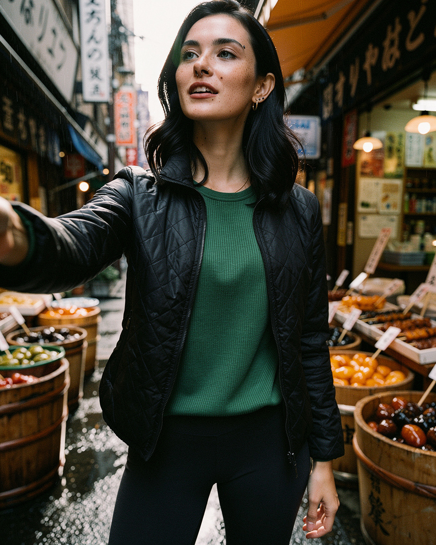 nishiki market kyoto: Narrow covered arcade in Nishiki Market Kyoto, wooden barrels of pickles, grilled skewer stall, soft ov