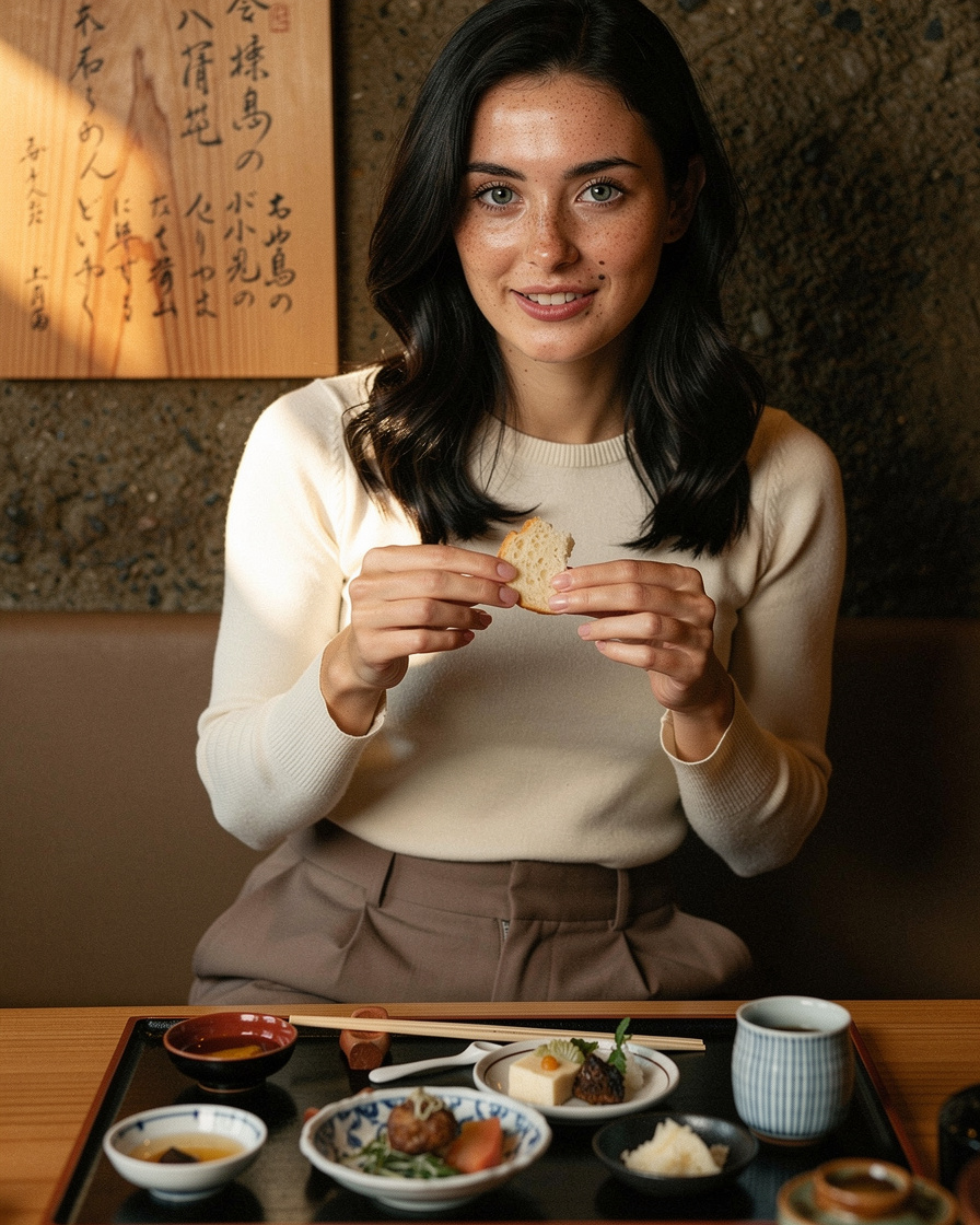 kyoto kaiseki dinner: Small Kyoto restaurant counter, kaiseki dishes on a pale hinoki wood board, warm low evening light, sak