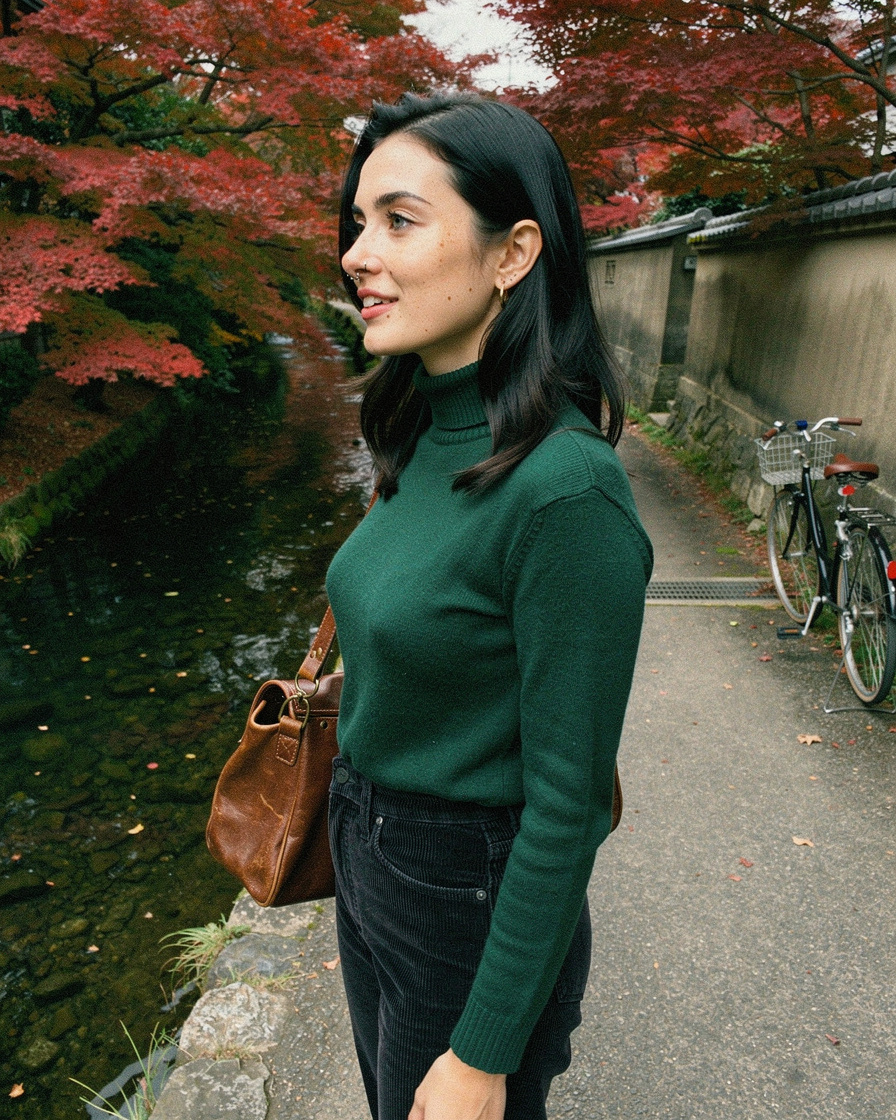 philosophers path kyoto morning: Narrow stone canal along Kyoto's Philosopher's Path, maple leaves turning red overhead, a bi