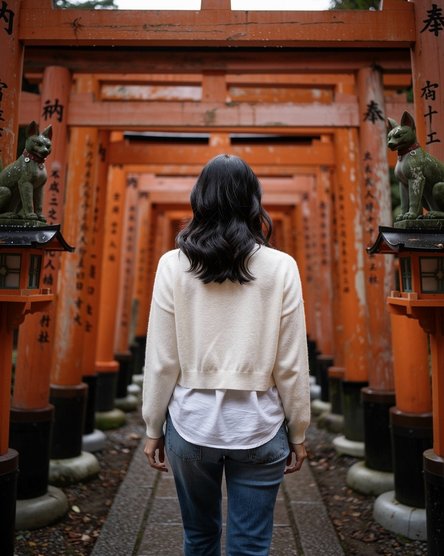 fushimi inari dawn: Empty vermilion torii gate tunnel at Fushimi Inari Shrine, Kyoto, dim dawn light, wet stone fox statue in