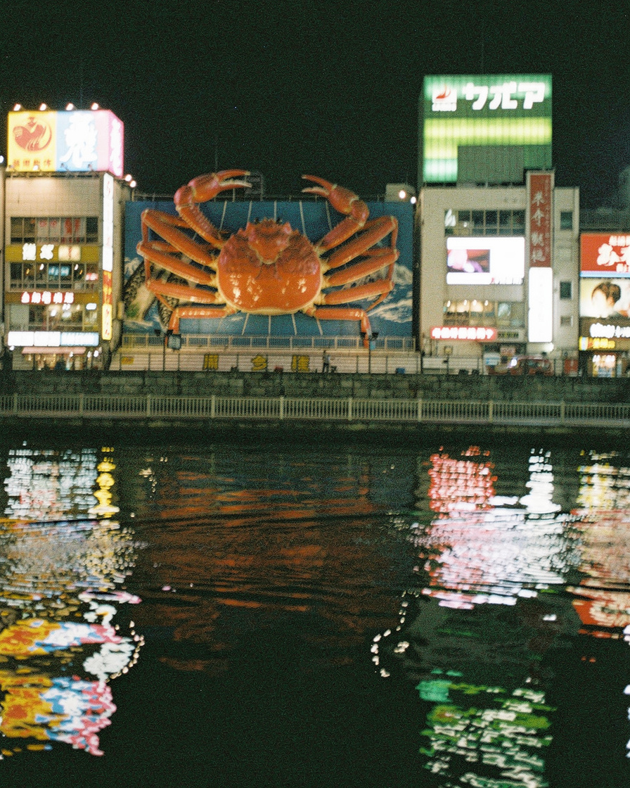 dotonbori night photography: Dotonbori canal in Osaka at night, neon signs and mechanical crab billboard reflected in water, 