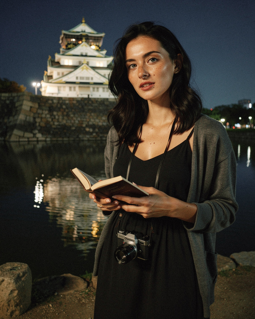 osaka castle at night: Osaka Castle illuminated at night, reflected in the dark moat water, with a jogger passing on the path