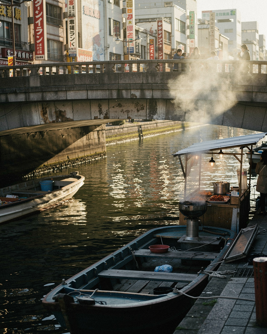 dotonbori canal dusk: Dotonbori canal in Osaka at dusk, neon signs reflected on dark water, a low bridge, moored boats, steam