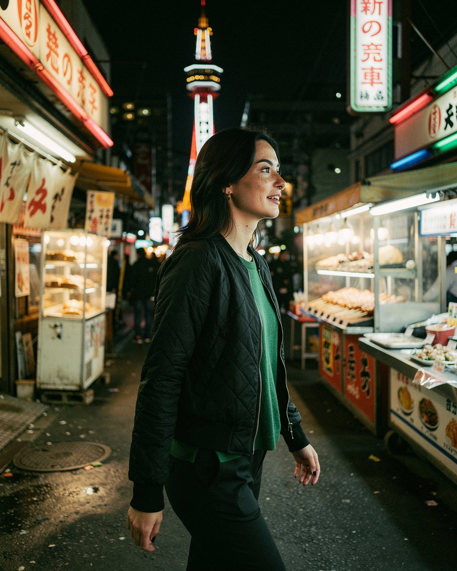 shinsekai osaka night: Narrow Shinsekai street in Osaka at night, neon signs and Tsutenkaku tower glowing, plastic food model